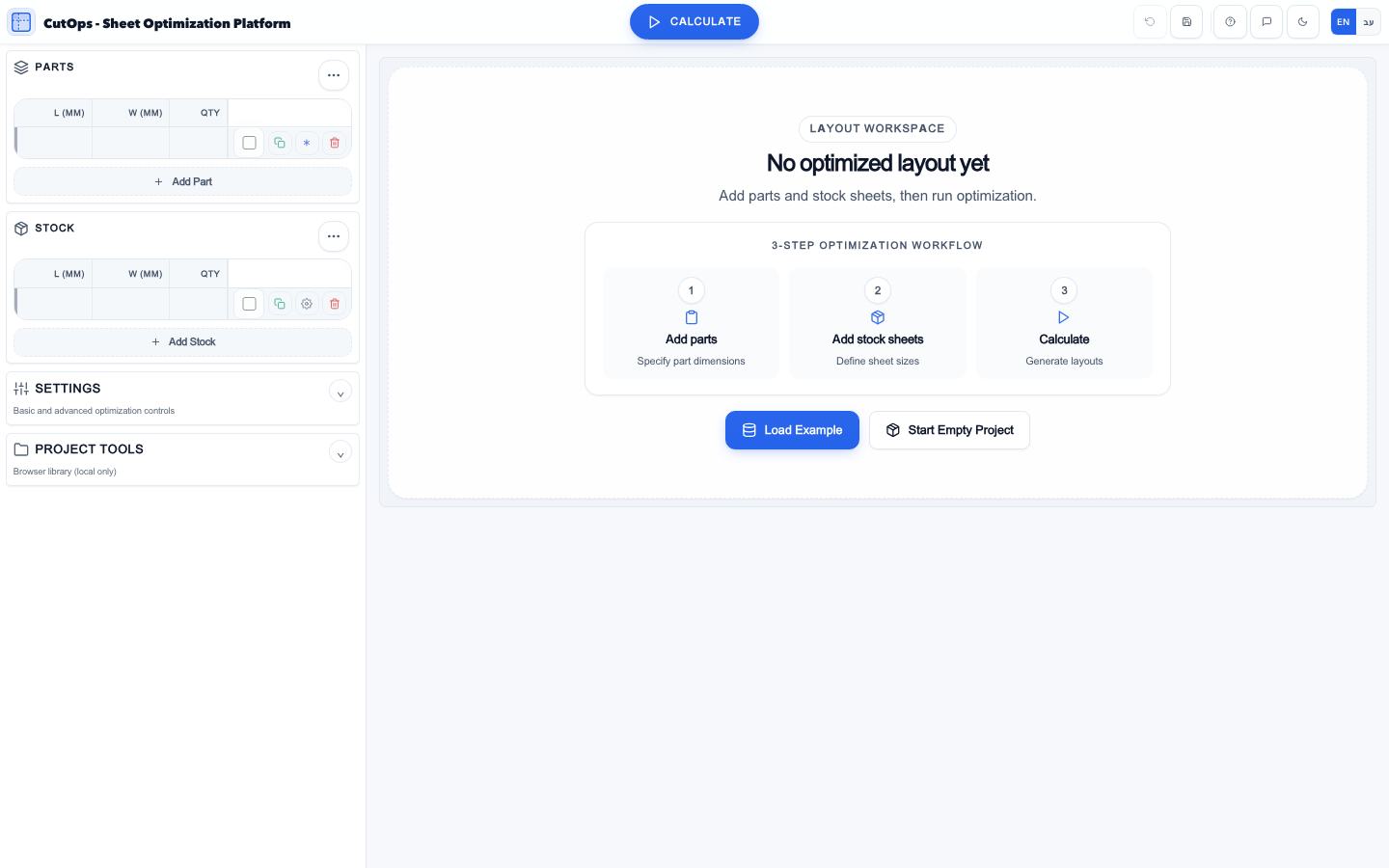 CutOps optimization settings area with kerf and mode controls